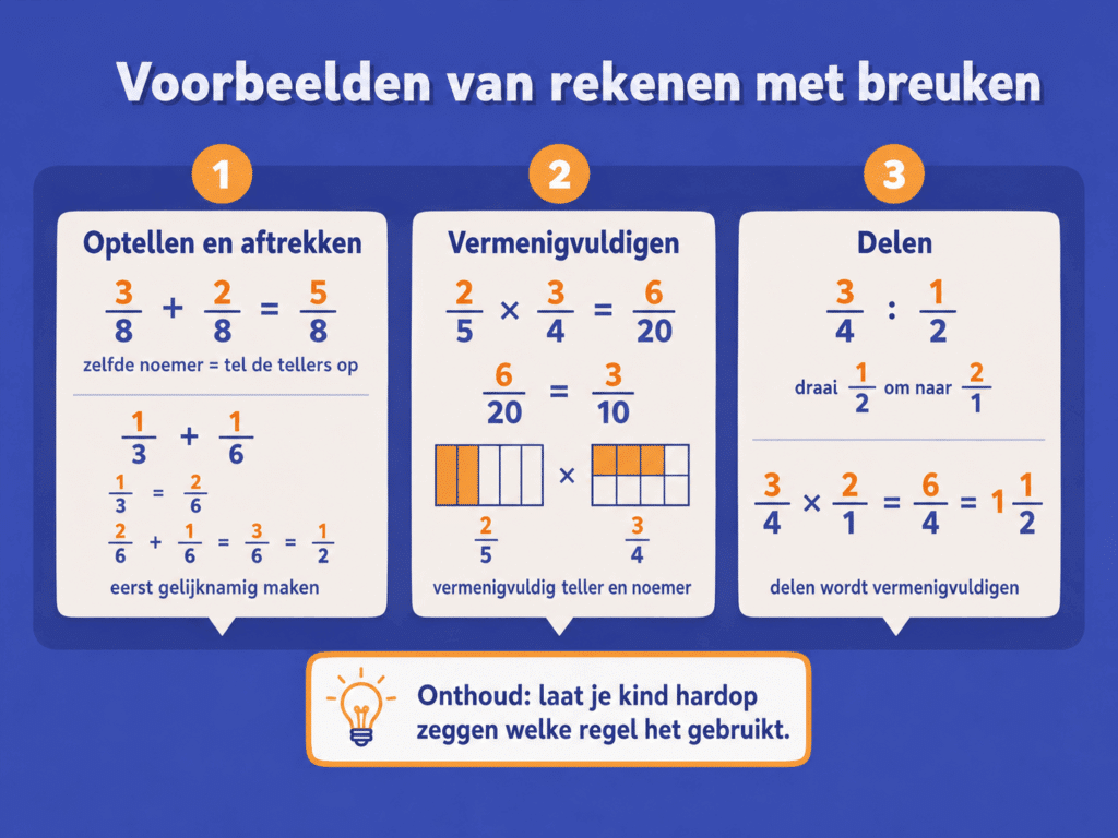 Educatieve illustratie met voorbeelden van breuken optellen, aftrekken, vermenigvuldigen en delen, inclusief eenvoudige tussenstappen en uitkomsten.