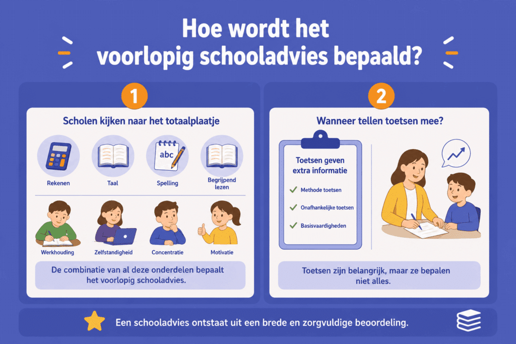 Rustige infographic over hoe het voorlopig schooladvies wordt bepaald, met aandacht voor rekenen, taal, spelling, begrijpend lezen, werkhouding en toetsen.