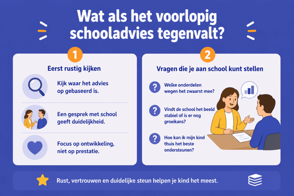 Rustige infographic over wat je kunt doen als het voorlopig schooladvies tegenvalt, met uitleg over rustig kijken naar het advies en vragen stellen aan school.