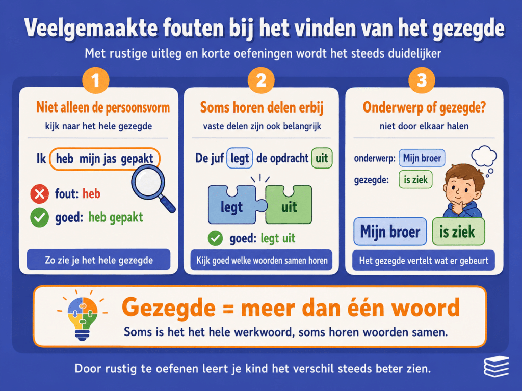 Infographic over veelgemaakte fouten bij het vinden van het gezegde. De afbeelding laat zien dat kinderen niet alleen de persoonsvorm moeten opschrijven, dat sommige woorden samen het gezegde vormen en dat onderwerp en gezegde niet door elkaar gehaald mogen worden.