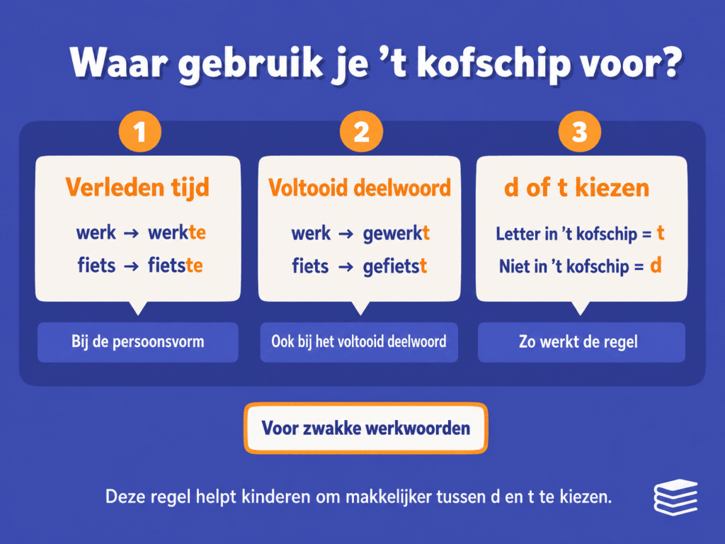 Educatieve afbeelding over waar je ’t kofschip voor gebruikt bij werkwoordspelling.