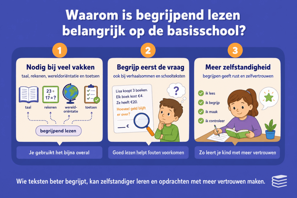 Infographic die uitlegt waarom begrijpend lezen belangrijk is op de basisschool, met voorbeelden uit taal, rekenen, wereldoriëntatie en toetsen.