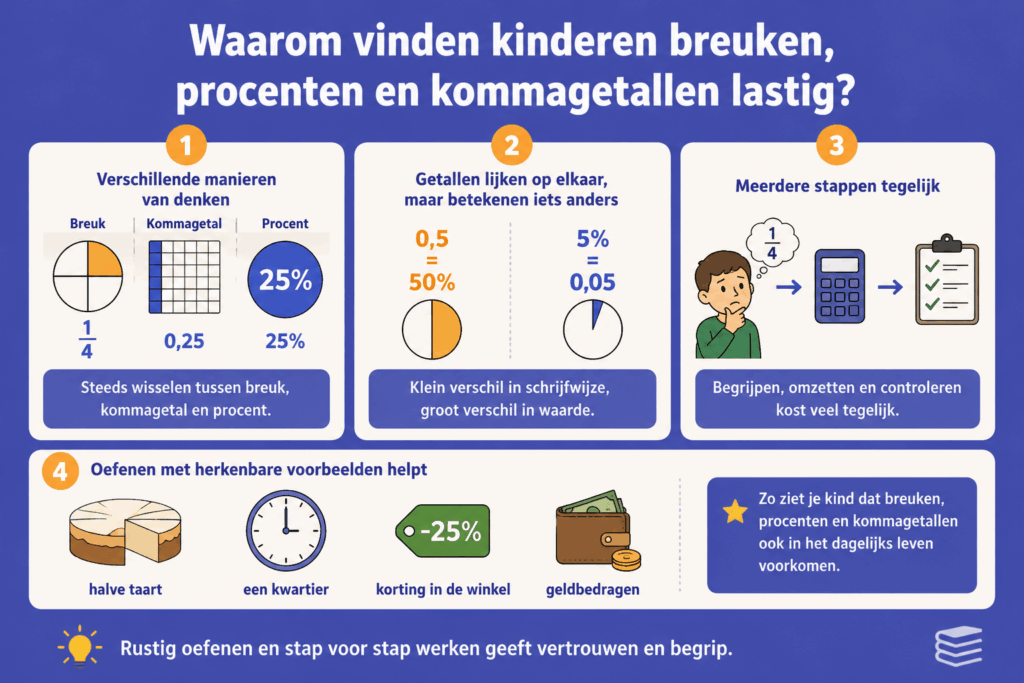 Educatieve illustratie die uitlegt waarom kinderen moeite kunnen hebben met breuken, procenten en kommagetallen. De afbeelding laat zien dat kinderen moeten wisselen tussen verschillende rekenvormen, meerdere stappen tegelijk moeten uitvoeren en oefenen met herkenbare voorbeelden zoals taart, korting en geld.