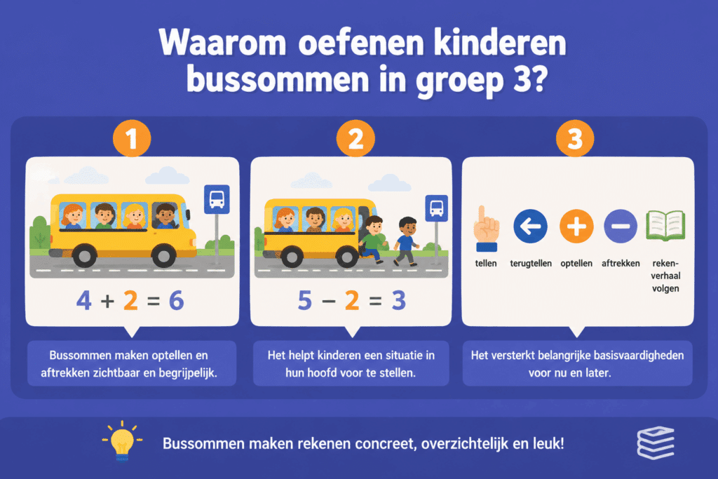 Infographic over bussommen oefenen in groep 3, met voorbeelden van optellen en aftrekken in een busverhaal en uitleg over tellen, terugtellen en rekenverhalen.