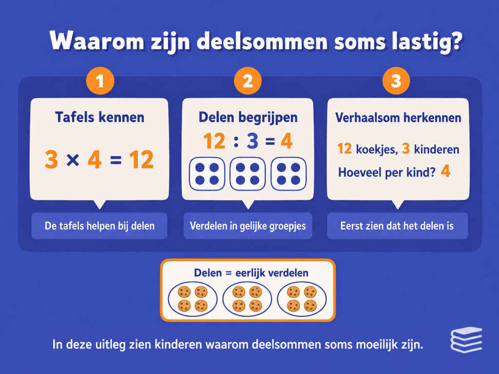 Educatieve infographic voor kinderen over waarom deelsommen soms moeilijk zijn, met eenvoudige uitleg over tafels kennen, begrijpen wat delen betekent en het herkennen van deelsommen in verhaalsommen.