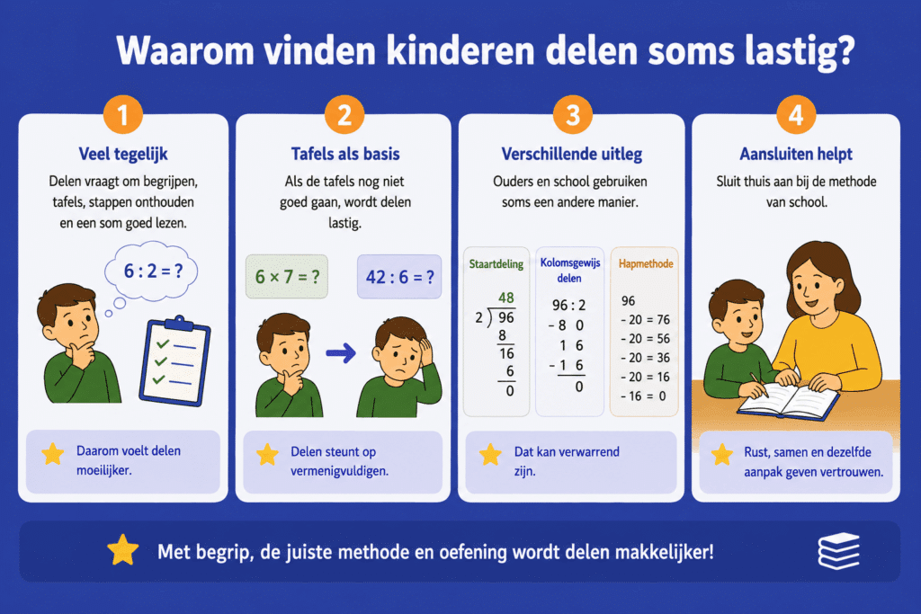 Infographic die uitlegt waarom delen lastig kan zijn en hoe tafels, uitleg en methode hierbij helpen.