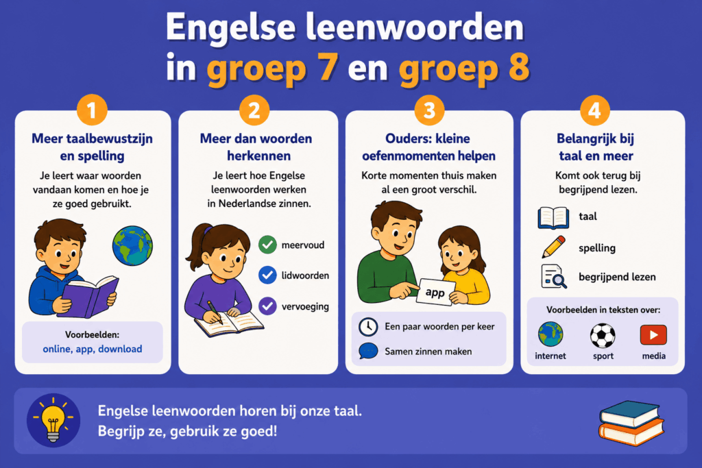 Eenvoudige educatieve illustratie die uitlegt waarom Engelse leenwoorden in het Nederlands worden gebruikt, met voorbeelden uit internet, school en sociale media zoals app, chatten en downloaden.