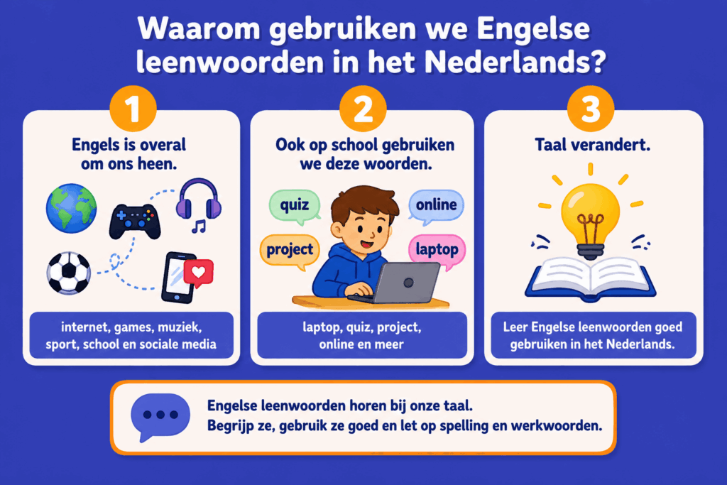 Eenvoudige educatieve illustratie die uitlegt waarom Engelse leenwoorden in het Nederlands worden gebruikt, met simpele voorbeelden uit internet, school en dagelijkse taal zoals quiz, online en laptop.