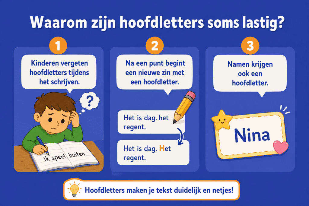 Infographic die op een eenvoudige manier uitlegt waarom hoofdletters soms lastig zijn voor kinderen, met voorbeelden van hoofdletters vergeten tijdens het schrijven, een hoofdletter na een punt en hoofdletters bij namen zoals Nina.