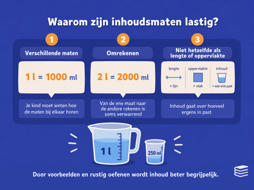 Infographic die uitlegt waarom inhoudsmaten lastig zijn voor kinderen, met voorbeelden van liters en milliliters omrekenen en het verschil tussen lengte, oppervlakte en inhoud.