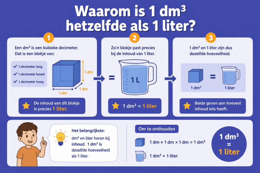 Educatieve illustratie die laat zien dat een kubus van 1 dm × 1 dm × 1 dm precies dezelfde inhoud heeft als 1 liter, waardoor 1 dm³ gelijk is aan 1 liter.