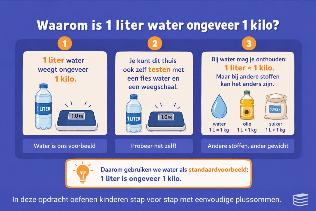 Educatieve afbeelding voor kinderen die uitlegt waarom 1 liter water ongeveer 1 kilo weegt. De afbeelding toont een fles water, een weegschaal met 1 kilogram en een vergelijking met andere stoffen zoals olie en suiker om te laten zien dat niet elke liter even zwaar is.