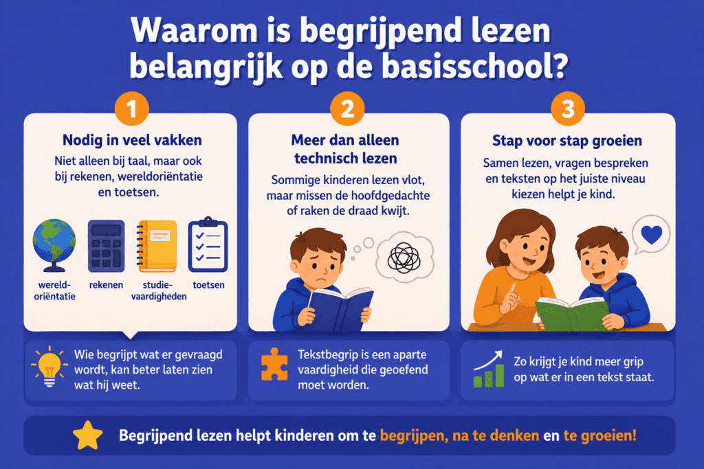 Infographic over het belang van begrijpend lezen op de basisschool en hoe kinderen stap voor stap beter leren teksten begrijpen.