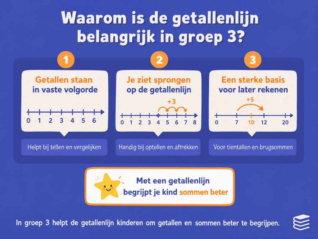Infographic over waarom de getallenlijn belangrijk is in groep 3, met uitleg over vaste volgorde van getallen, sprongen op de getallenlijn en de basis voor optellen, aftrekken, tientallen en brugsommen.