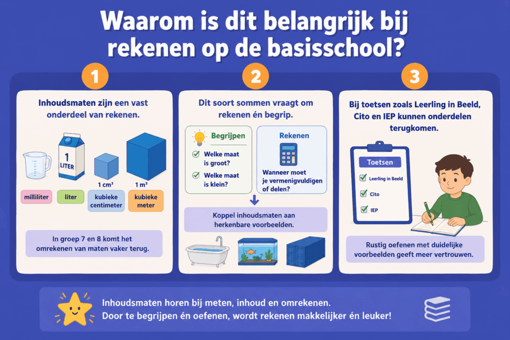 Kleurrijke infographic voor basisschoolkinderen over het belang van inhoudsmaten bij rekenen. De afbeelding laat zien dat kinderen werken met milliliter, liter, kubieke centimeter en kubieke meter. Met eenvoudige illustraties van meeteenheden, herkenbare voorbeelden en een toetsbord wordt uitgelegd dat rekenen met inhoudsmaten zowel begrip als rekenvaardigheid vraagt en terugkomt in de bovenbouw en bij toetsen.