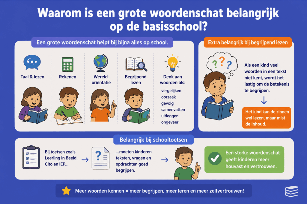 Infographic over het belang van een grote woordenschat voor begrijpend lezen, schoolvakken en toetsen.