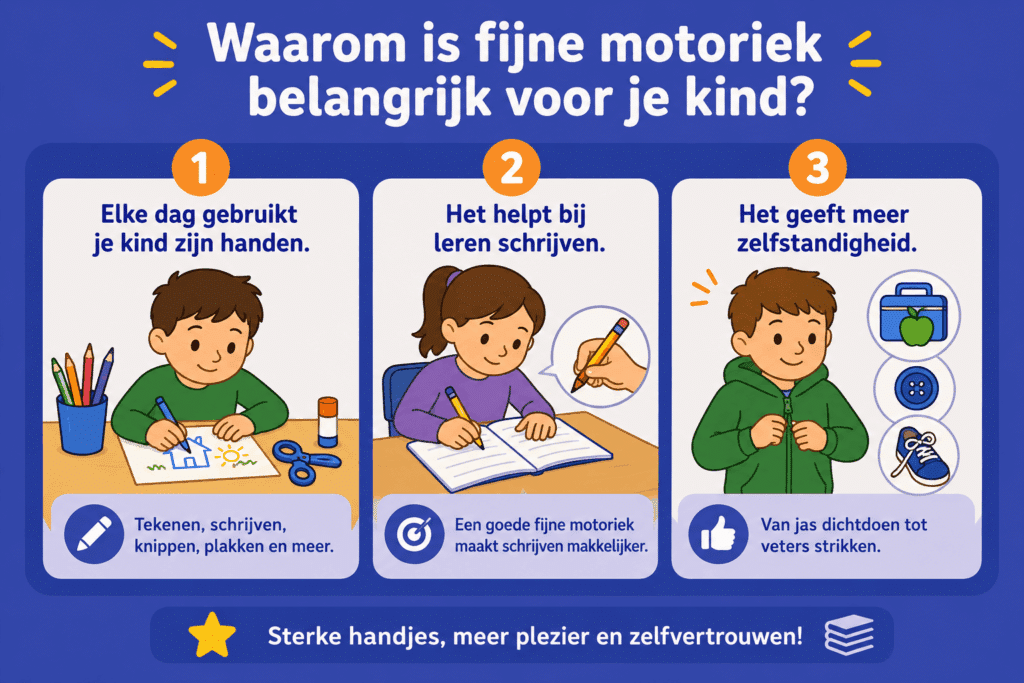 : Infographic die laat zien waarom fijne motoriek belangrijk is, met voorbeelden van tekenen, schrijven en zelfstandige handelingen zoals een jas dichtdoen.