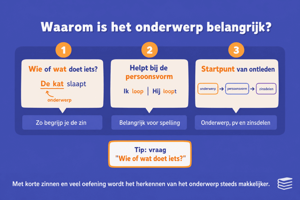 Infographic die uitlegt waarom het onderwerp belangrijk is bij zinsontleding, met de vraag wie of wat doet iets.