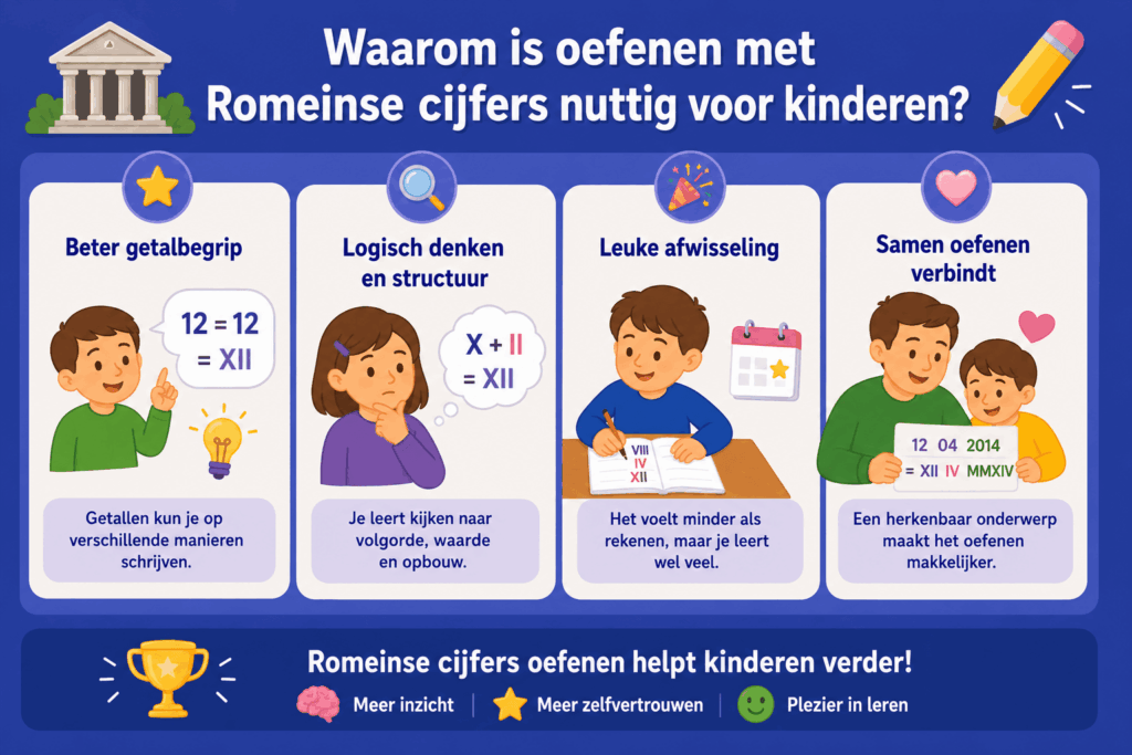 Kleurrijke infographic die laat zien waarom oefenen met Romeinse cijfers leerzaam is voor kinderen. De afbeelding benadrukt vier voordelen: beter getalbegrip, logisch denken en structuur, een leuke afwisseling van gewone rekensommen en samen oefenen met ouders.