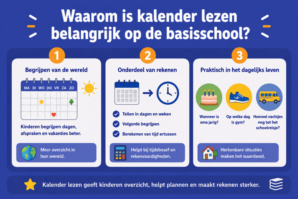 Infographic over waarom kalender lezen belangrijk is op de basisschool, met voorbeelden van dagen, afspraken, tijd rekenen en herkenbare situaties zoals verjaardagen en schoolreisjes.