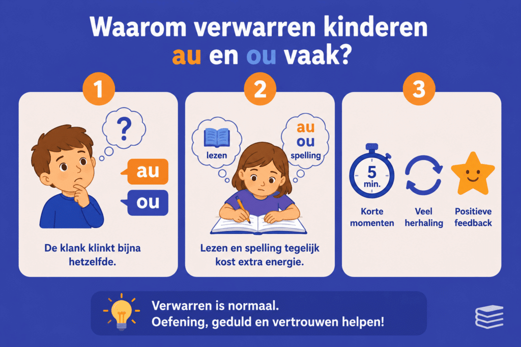 Infographic die uitlegt waarom kinderen au en ou vaak verwarren, met eenvoudige uitleg over klanken, spelling en het belang van herhaling.