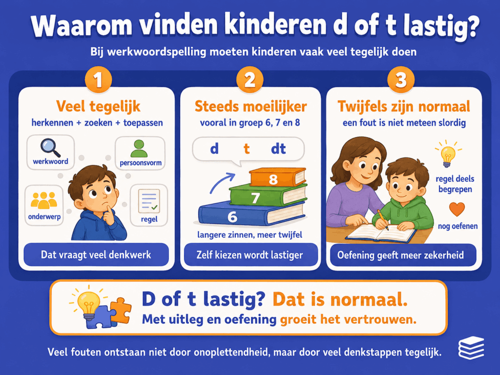 Infographic die uitlegt waarom kinderen d of t lastig vinden bij werkwoordspelling: ze moeten meerdere stappen tegelijk uitvoeren, langere zinnen maken het moeilijker en twijfels zijn normaal.