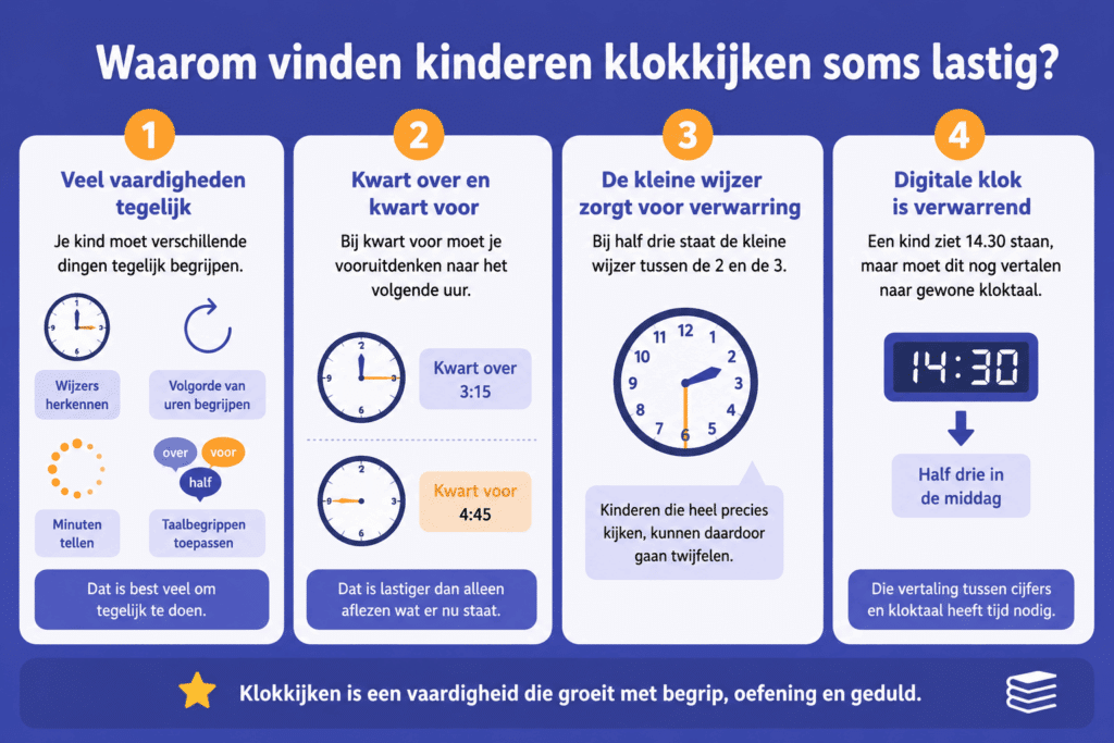 Infographic die laat zien waarom kinderen klokkijken lastig vinden, met uitleg over wijzers, kwart voor, half en de digitale klok.