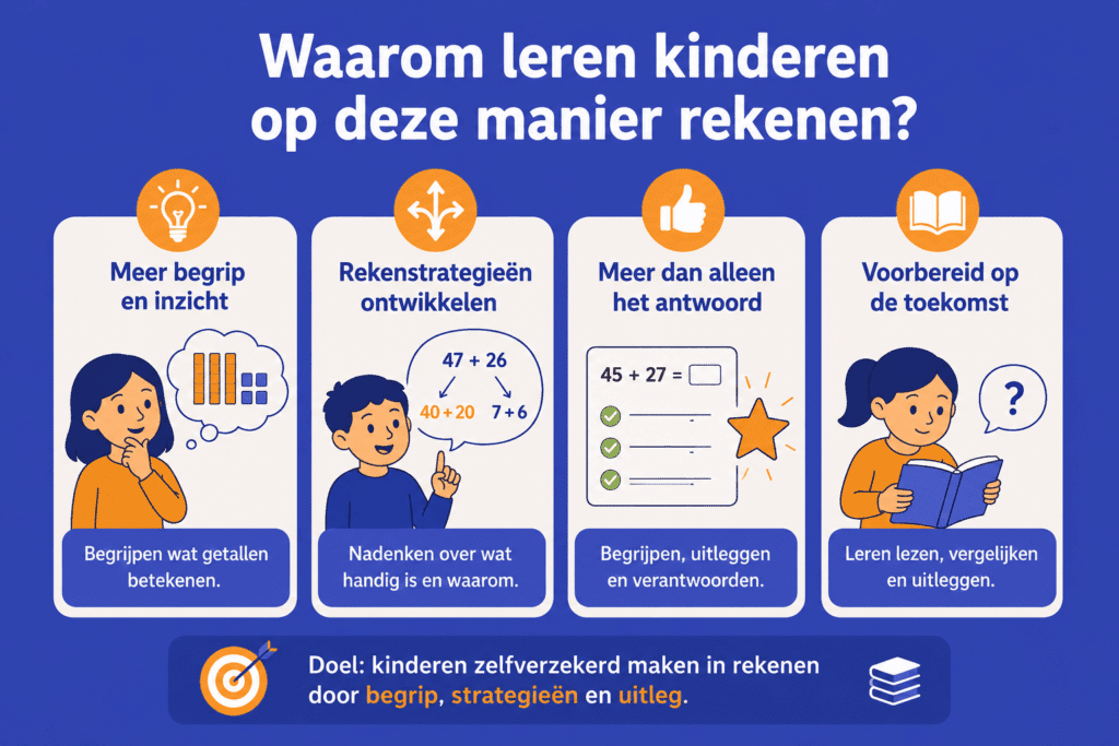 Educatieve illustratie over realistisch rekenen waarin kinderen leren rekenen met begrip, rekenstrategieën, uitleg en toepassen in nieuwe situaties