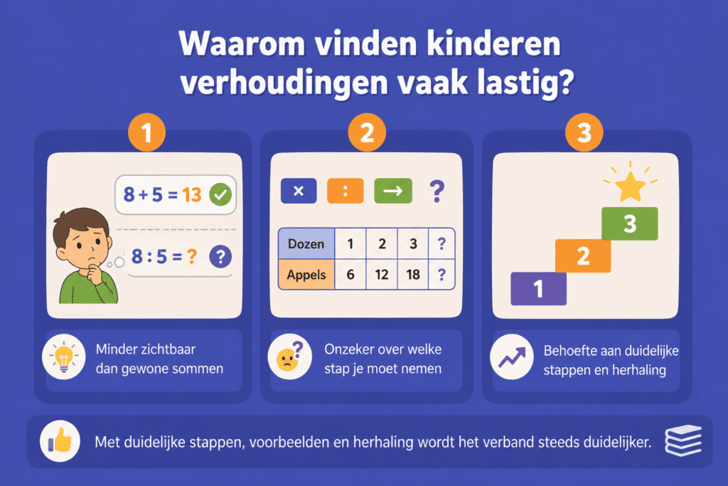Educatieve illustratie die laat zien waarom kinderen verhoudingen lastig vinden. De afbeelding toont drie oorzaken: verhoudingen zijn minder zichtbaar dan gewone sommen, kinderen weten soms niet welke rekenstap ze moeten kiezen en ze hebben behoefte aan duidelijke stappen en herhaling.