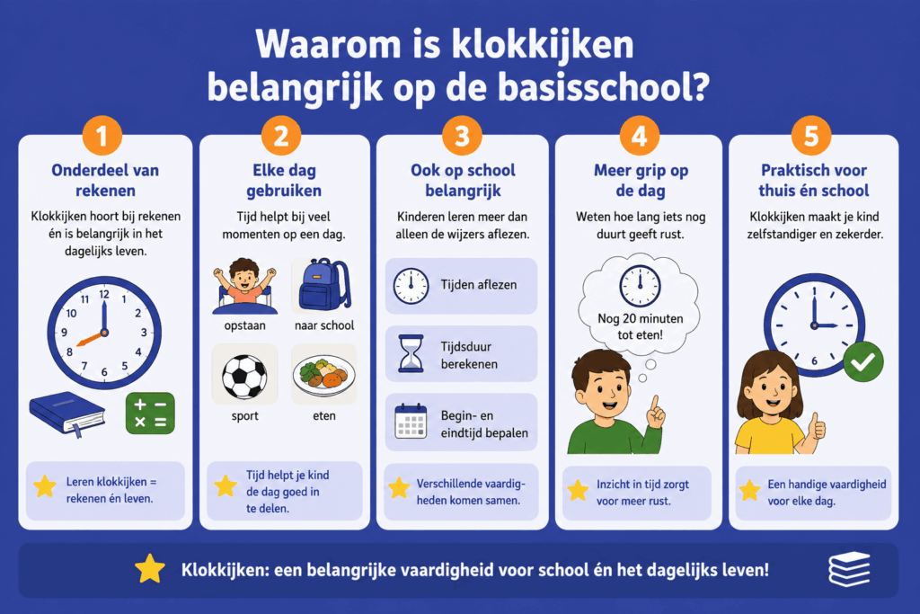 Infographic over waarom klokkijken belangrijk is voor rekenen, school en dagelijkse routines.