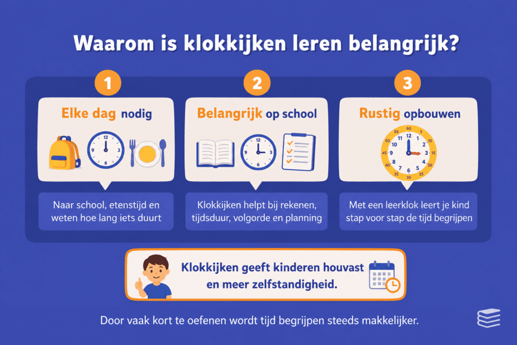 Infographic die uitlegt waarom klokkijken leren belangrijk is, met voorbeelden uit het dagelijks leven, school en het rustig opbouwen van tijdsbegrip met een leerklok.