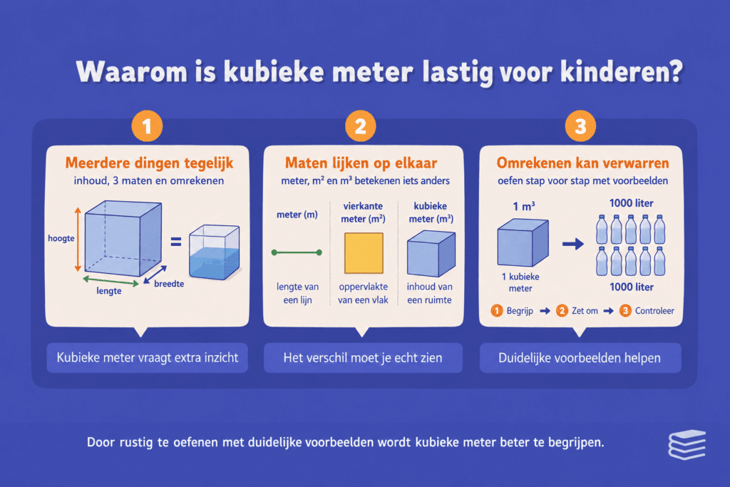 Infographic die uitlegt waarom kubieke meter lastig is voor kinderen, met aandacht voor inhoud, het verschil tussen meter, vierkante meter en kubieke meter en het omrekenen naar liter.