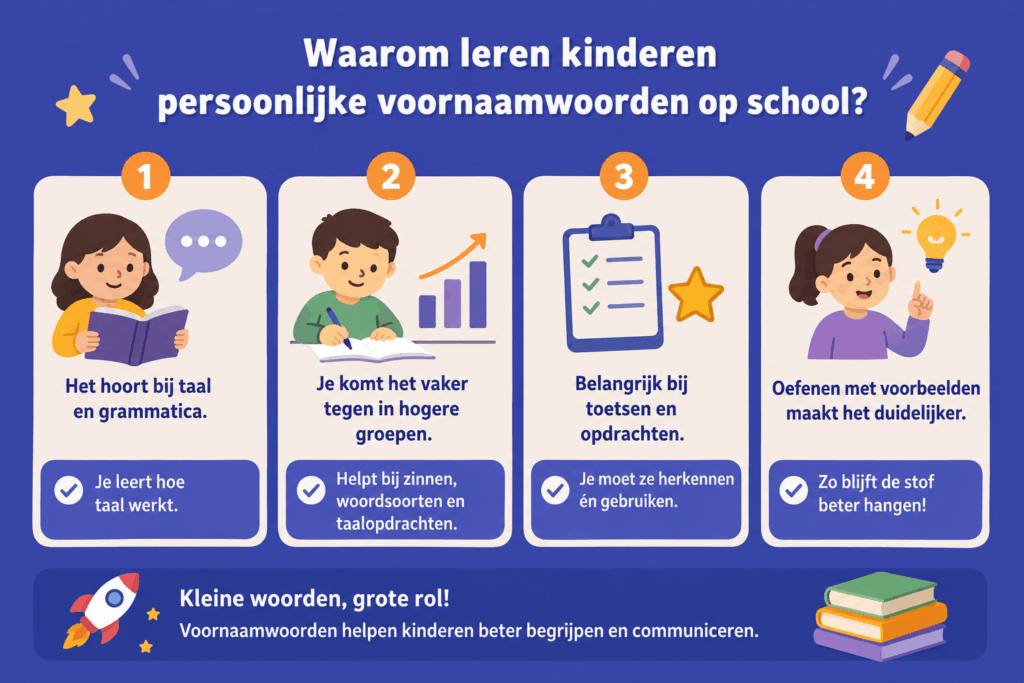 Infographic die uitlegt waarom kinderen persoonlijke voornaamwoorden leren op school. De afbeelding laat zien dat voornaamwoorden belangrijk zijn voor taal en grammatica, vaker terugkomen in hogere groepen, nodig zijn bij toetsen en opdrachten en beter worden begrepen door te oefenen met voorbeelden.