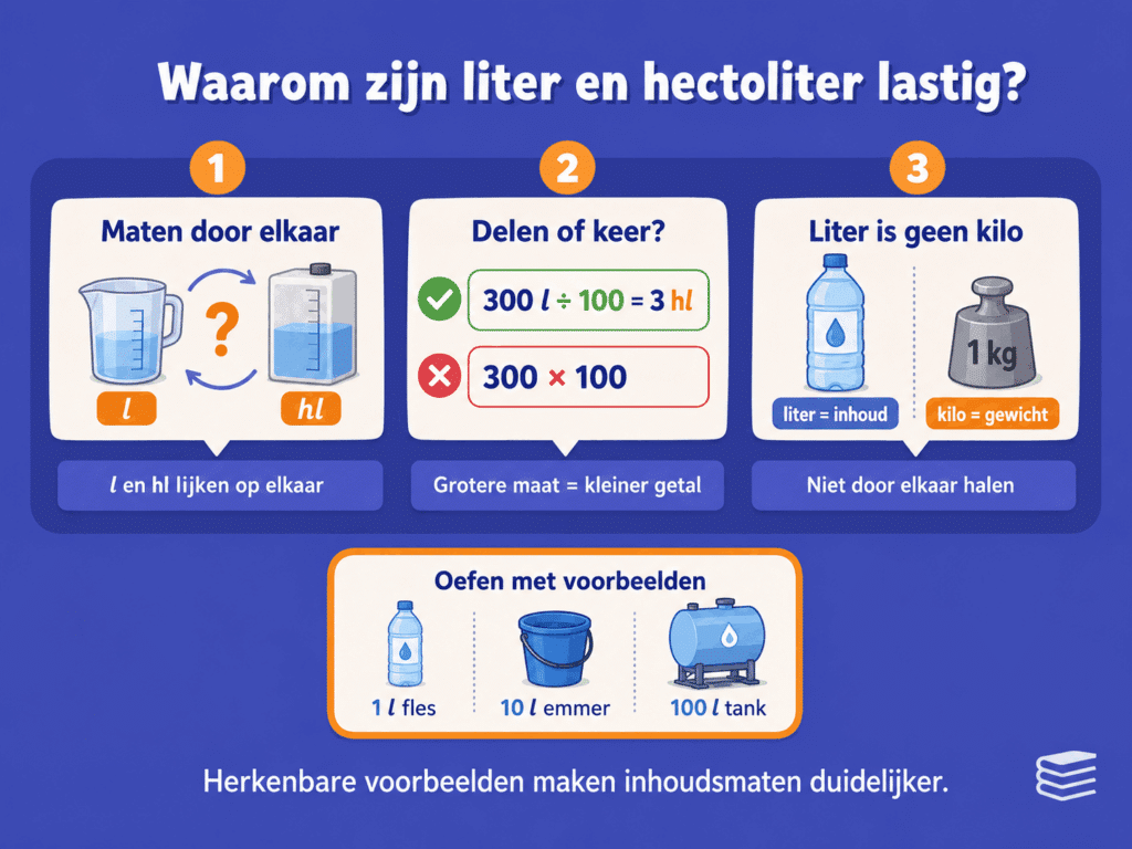 Infographic over waarom liter en hectoliter verwarrend kunnen zijn, met voorbeelden van inhoudsmaten en omrekenen.