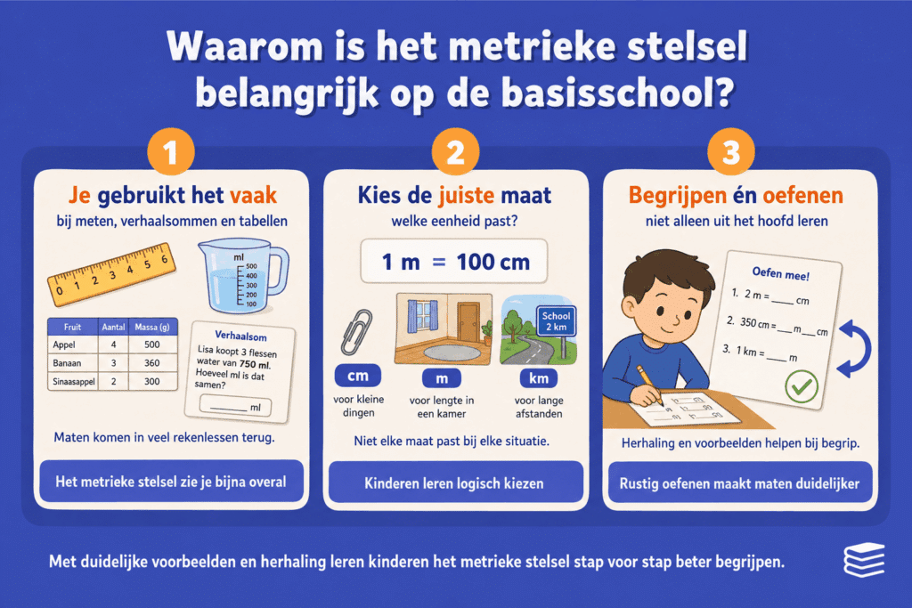 Infographic die uitlegt waarom het metrieke stelsel belangrijk is op de basisschool, met voorbeelden van meten, eenheden kiezen en oefenen met maten zoals cm, m en km.