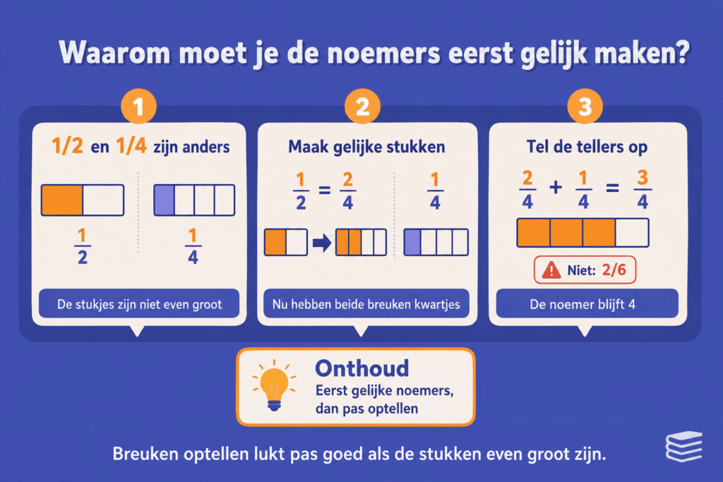 Uitlegposter over waarom je noemers eerst gelijk maakt bij het optellen van breuken met een voorbeeld van 1/2 en 1/4.
