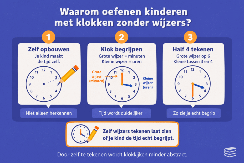 Infographic die uitlegt waarom kinderen oefenen met klokken zonder wijzers, met aandacht voor zelf tekenen, wijzers begrijpen en half 4 maken.