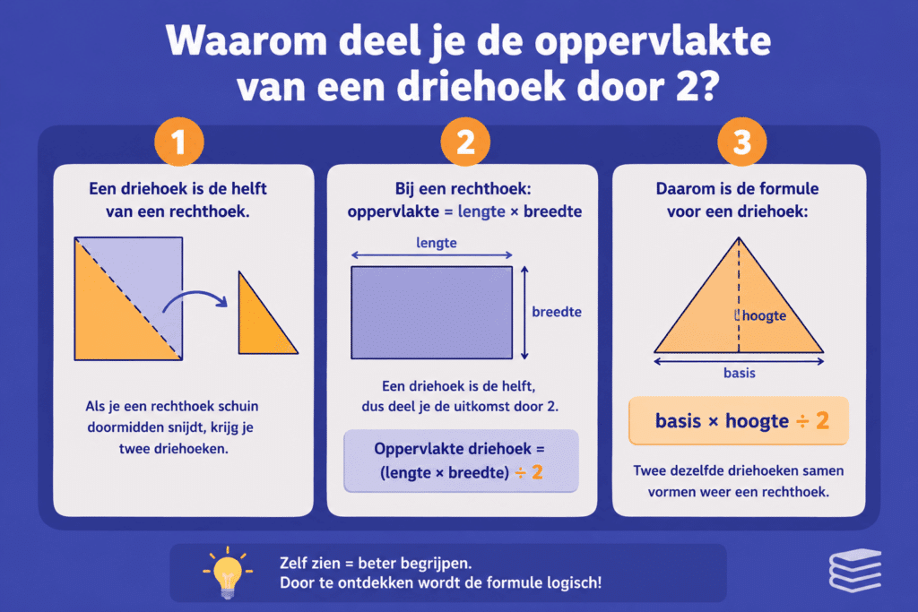Infographic die laat zien waarom je de oppervlakte van een driehoek berekent met basis × hoogte ÷ 2.