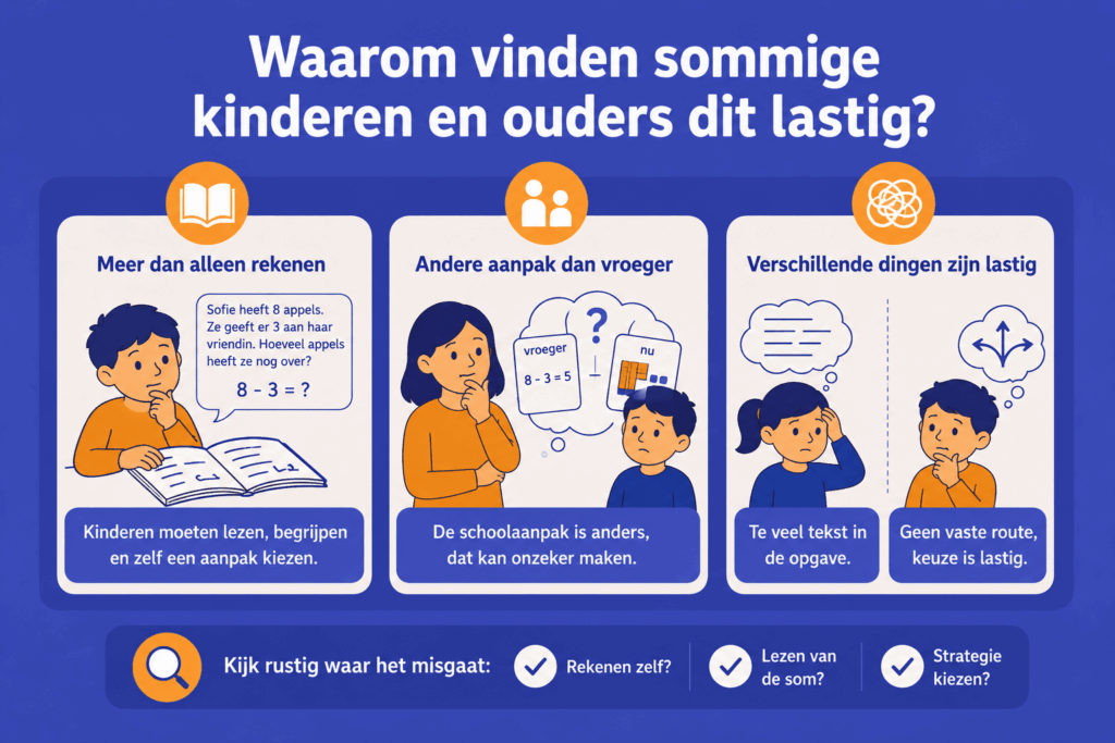 Educatieve illustratie die laat zien waarom realistisch rekenen voor sommige kinderen en ouders lastig kan zijn door verhaalsommen, veel tekst en verschillende rekenstrategieën.
