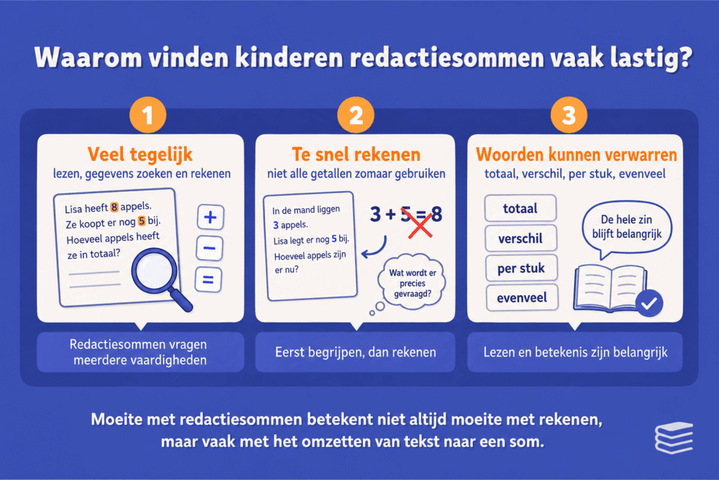 Infographic die uitlegt waarom redactiesommen lastig kunnen zijn, met aandacht voor tekst lezen, gegevens herkennen, rekenbewerkingen kiezen en verwarrende woorden.