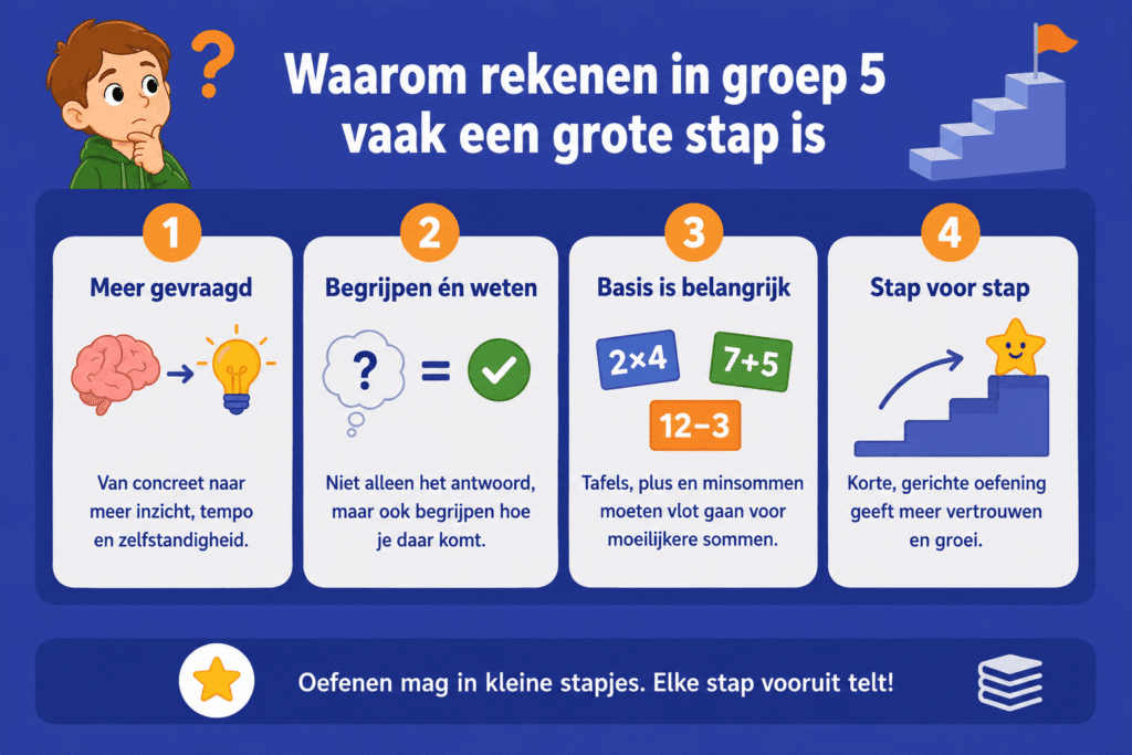 Educatieve infographic voor ouders en basisschoolkinderen over waarom rekenen in groep 5 vaak moeilijker wordt. De afbeelding laat vier belangrijke onderdelen zien: meer inzicht en zelfstandigheid, begrijpen hoe een antwoord ontstaat, het belang van tafels en basisvaardigheden, en stap voor stap oefenen om meer vertrouwen te krijgen.