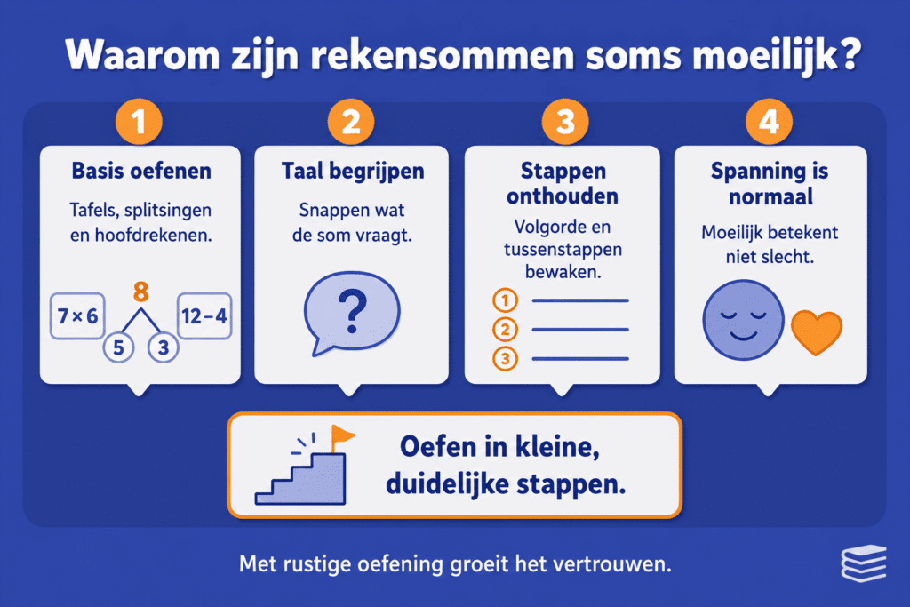 Infographic met vier redenen waarom kinderen rekensommen soms moeilijk vinden: basis oefenen, taal begrijpen, stappen onthouden en spanning.