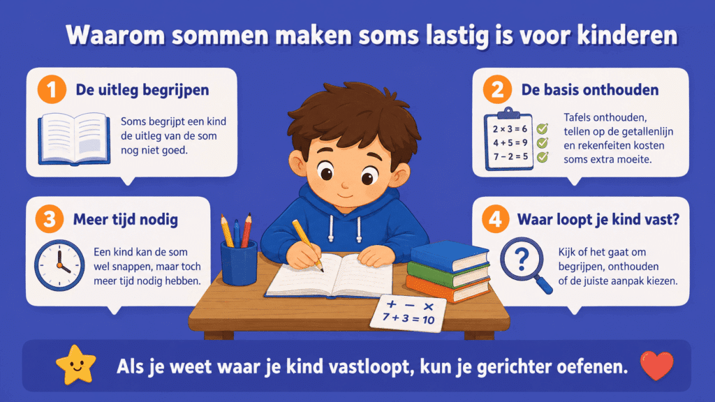 Infographic over waarom sommen maken lastig kan zijn, met uitleg over begrip, rekenbasis, tempo en gericht oefenen.