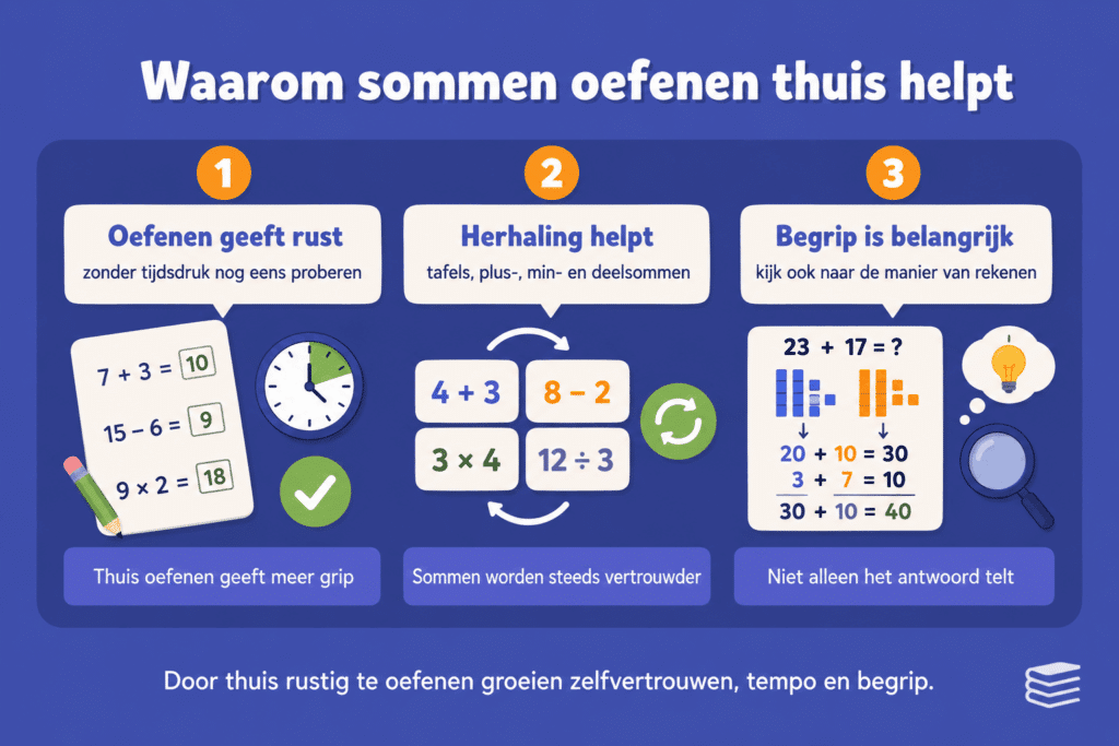 Infographic die laat zien waarom thuis sommen oefenen helpt, met aandacht voor rust, herhaling en begrip van de rekenaanpak.