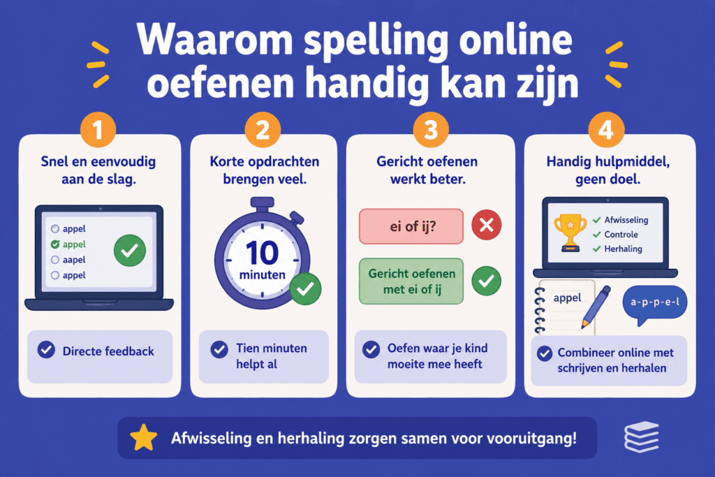 : Infographic over online spelling oefenen met voordelen zoals directe feedback, korte oefeningen en gericht oefenen op spellingcategorieën.