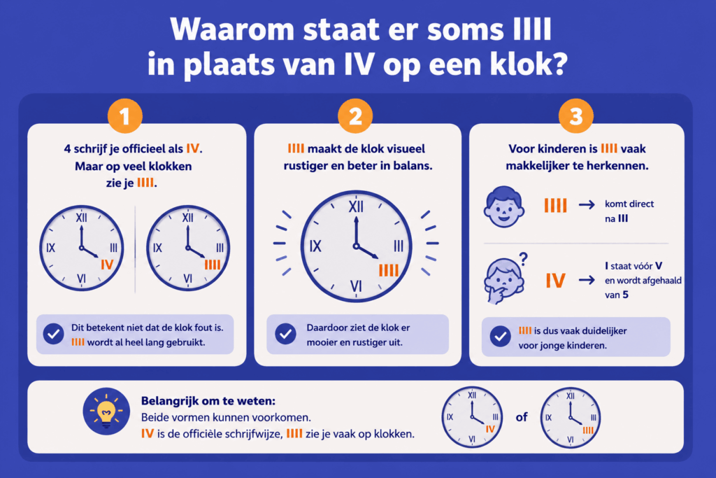 Eenvoudige educatieve illustratie die uitlegt waarom op sommige klokken IIII wordt gebruikt in plaats van IV, met voorbeelden van Romeinse cijfers op een klok en uitleg dat IIII voor kinderen vaak makkelijker te herkennen is.