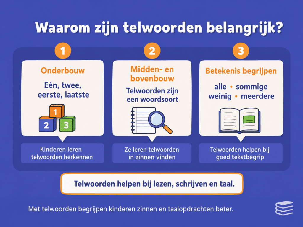 Infographic die uitlegt waarom telwoorden belangrijk zijn op de basisschool, met voorbeelden uit de onderbouw, midden- en bovenbouw en uitleg over telwoorden herkennen in zinnen en teksten.