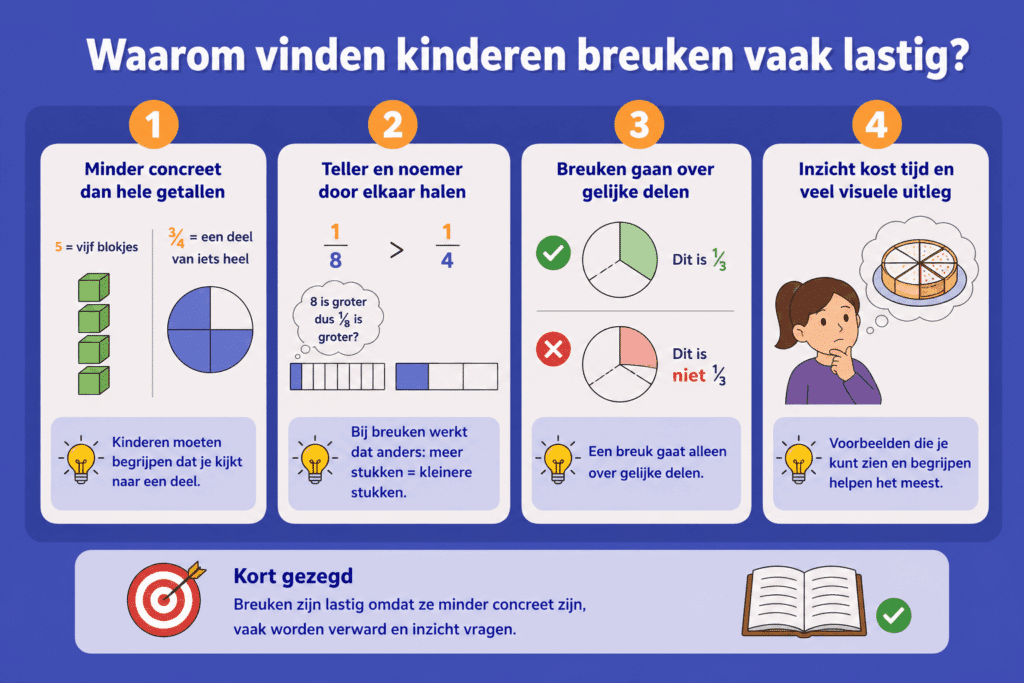 Eenvoudige educatieve illustratie die uitlegt waarom kinderen breuken lastig vinden, met voorbeelden van teller en noemer, delen van een taart en het verschil tussen 1/4 en 1/8.