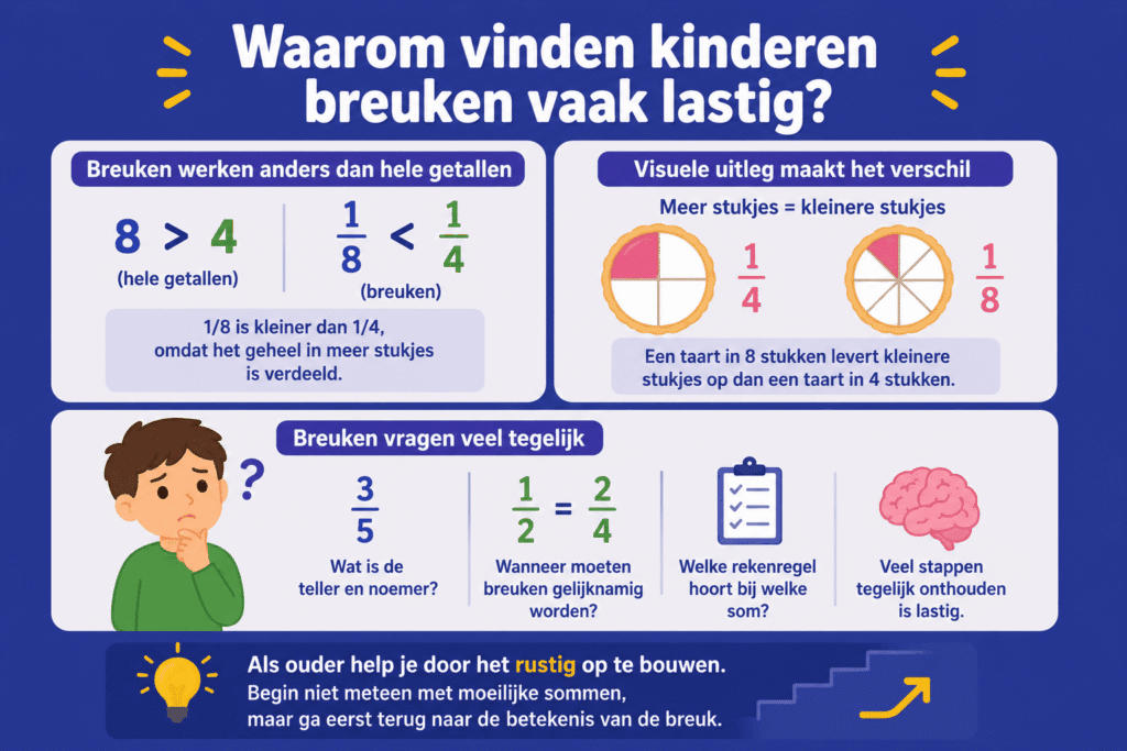 Infographic die uitlegt waarom kinderen breuken vaak lastig vinden, met een visuele vergelijking tussen 1/4 en 1/8