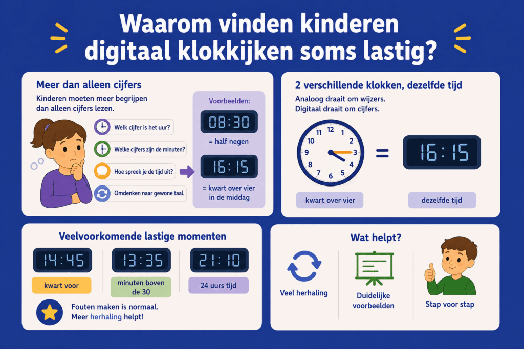 : Infographic die uitlegt waarom digitaal klokkijken lastig kan zijn, met voorbeelden van digitale tijden, analoge klokken en veelvoorkomende struikelpunten.